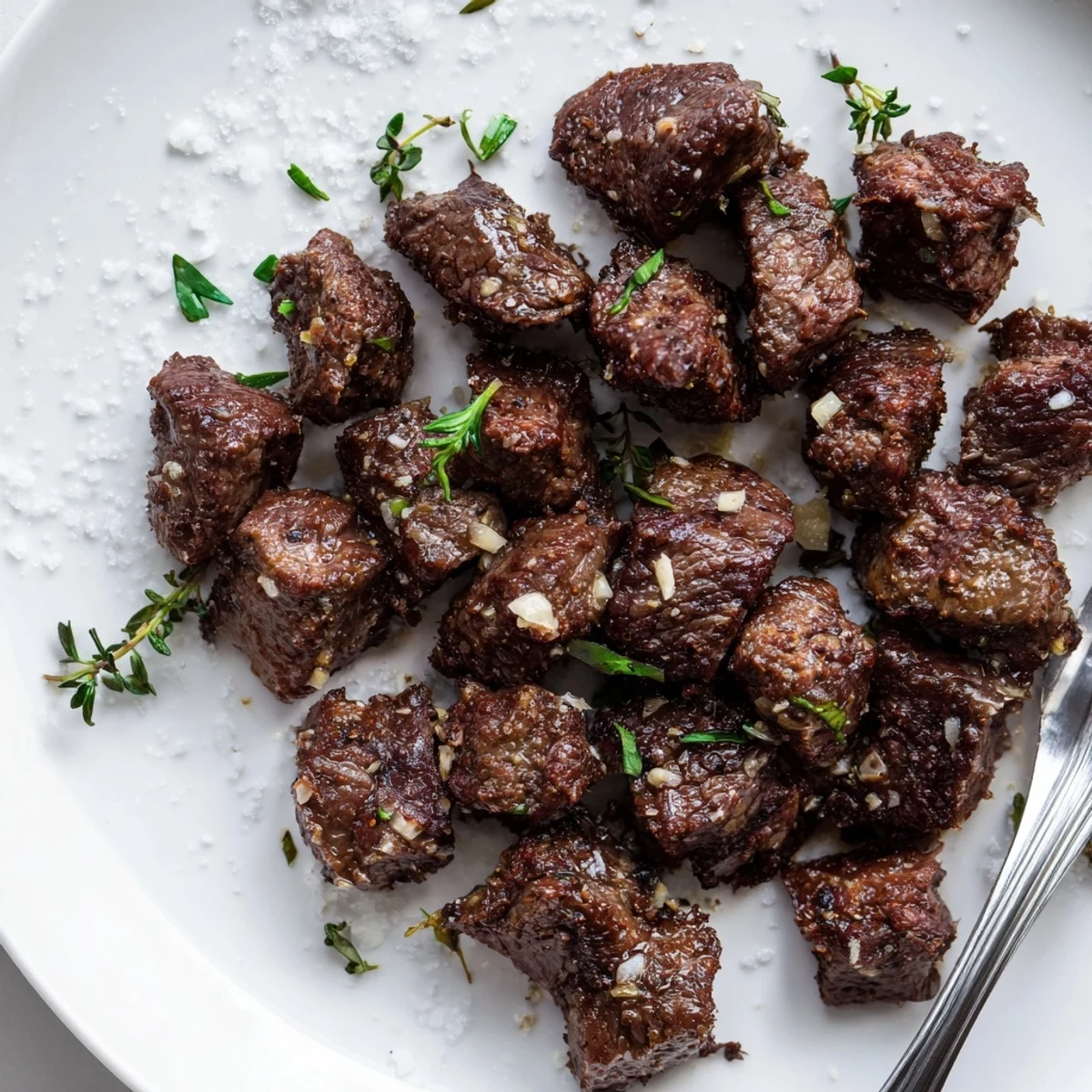 Warm Garlic Butter Steak Bites tossed in herb garlic butter, served over mashed potatoes