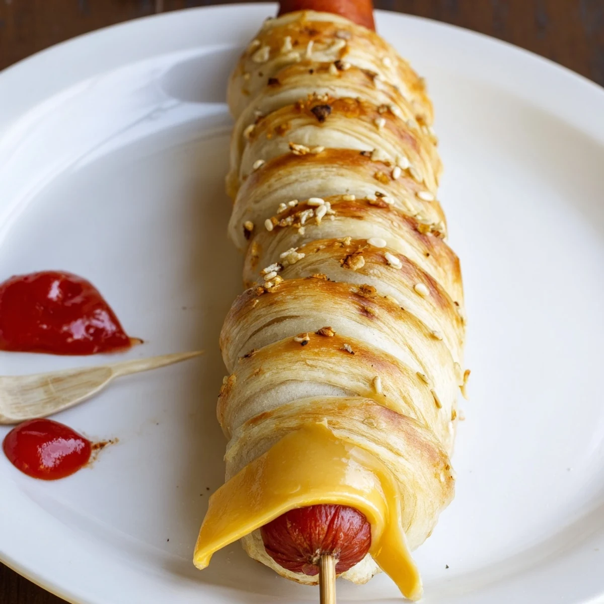 Baked Firecracker Hot Dogs Recipe threaded on skewers, crispy dough, tangy mustard.