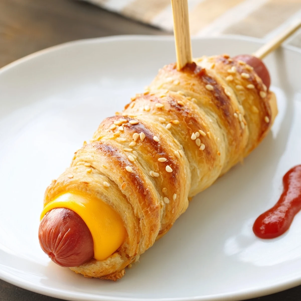 Kids-friendly Firecracker Hot Dogs Recipe spiraled in crescent dough, served with ketchup.