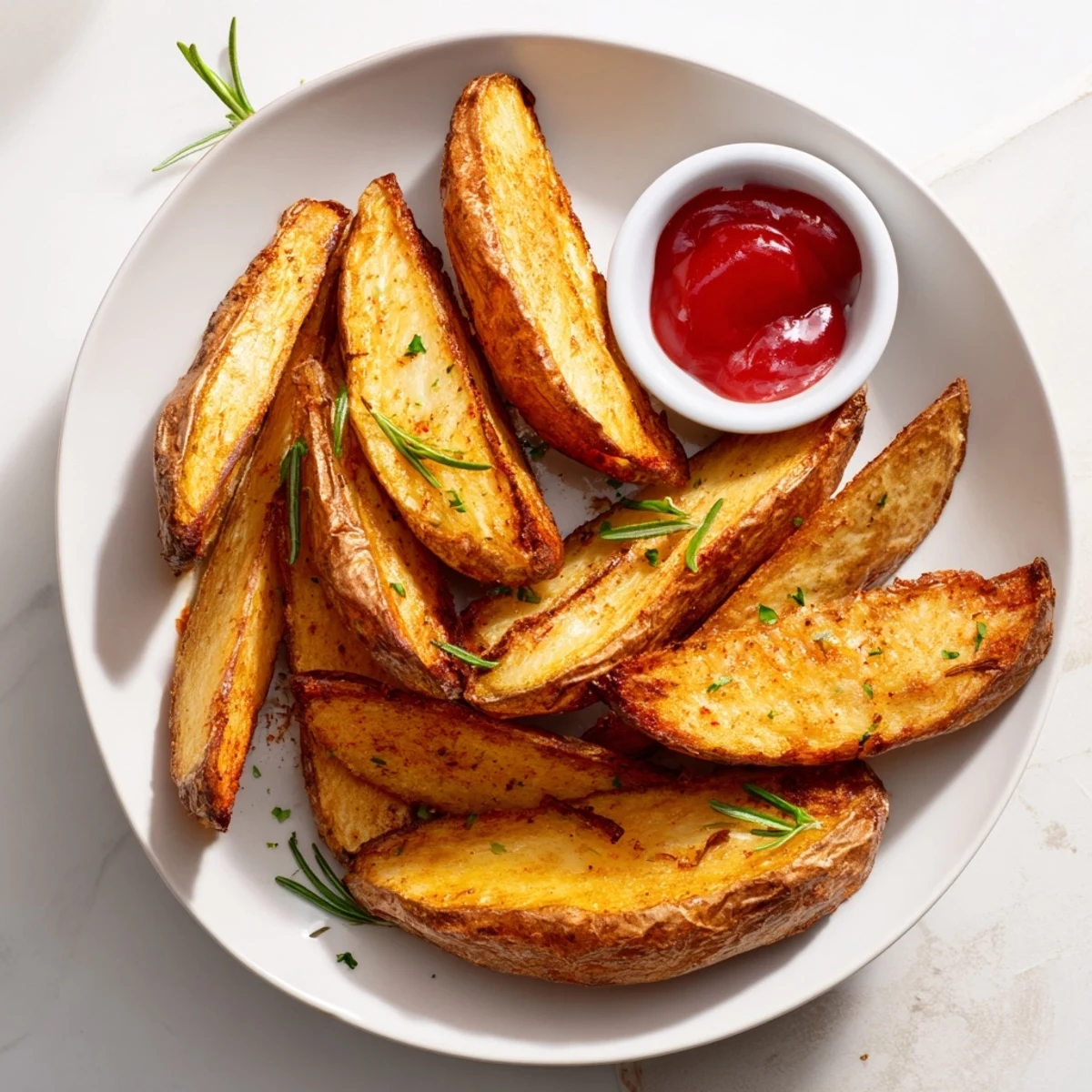 Crispy oven-baked Potato Wedges with golden edges, fluffy interior, sprinkled parsley