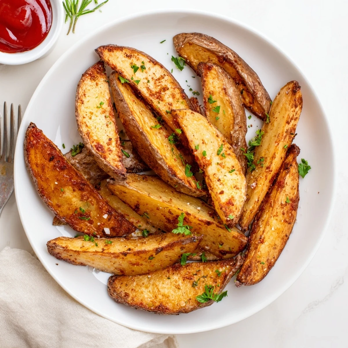 Seasoned Potato Wedges on parchment-lined baking sheet, perfect for dipping