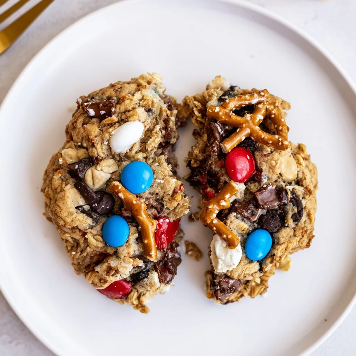 Warm Patriotic Monster Cookies Recipe cooling on rack, studded with red, blue candies