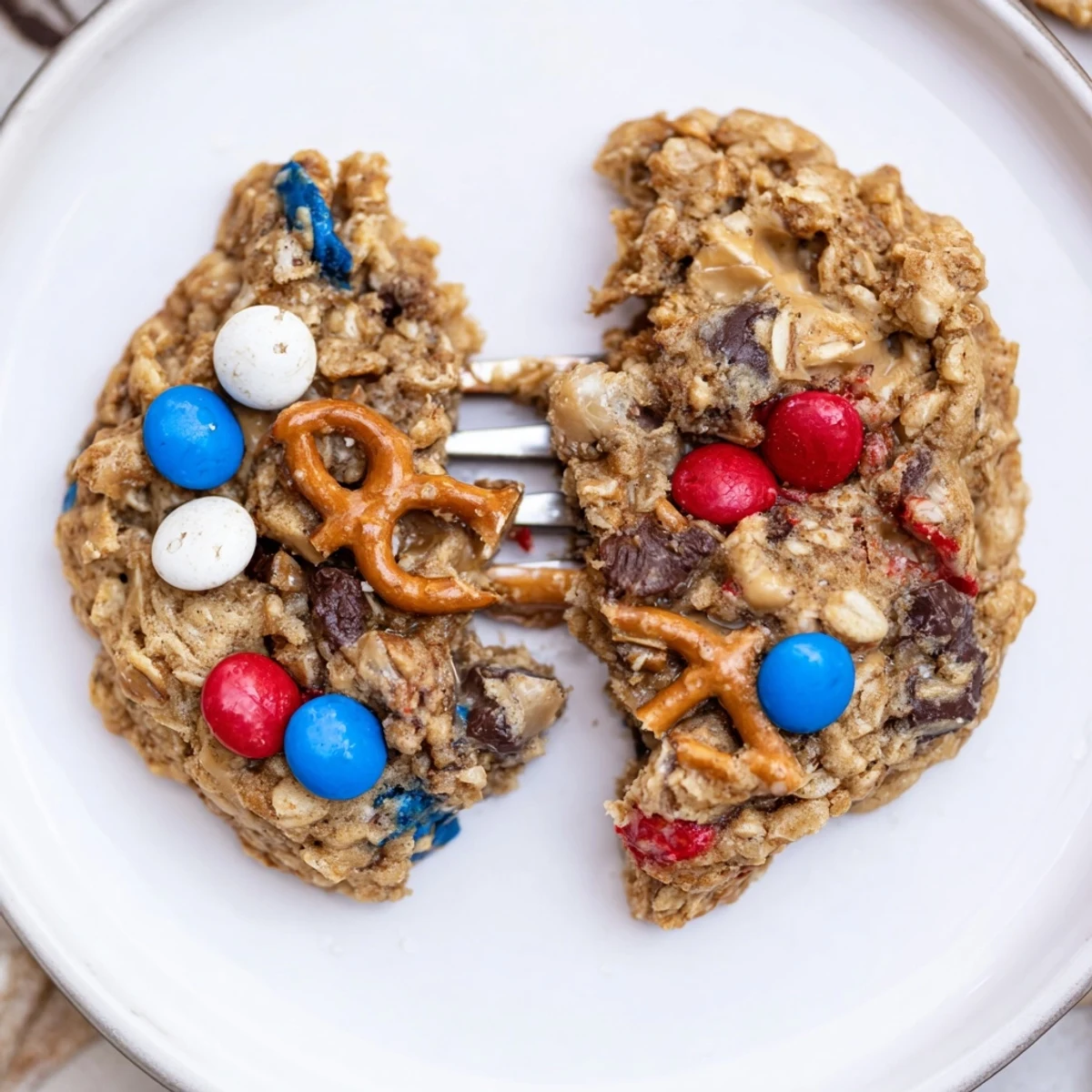 Stack of Patriotic Monster Cookies Recipe served with cold milk, chewy centers