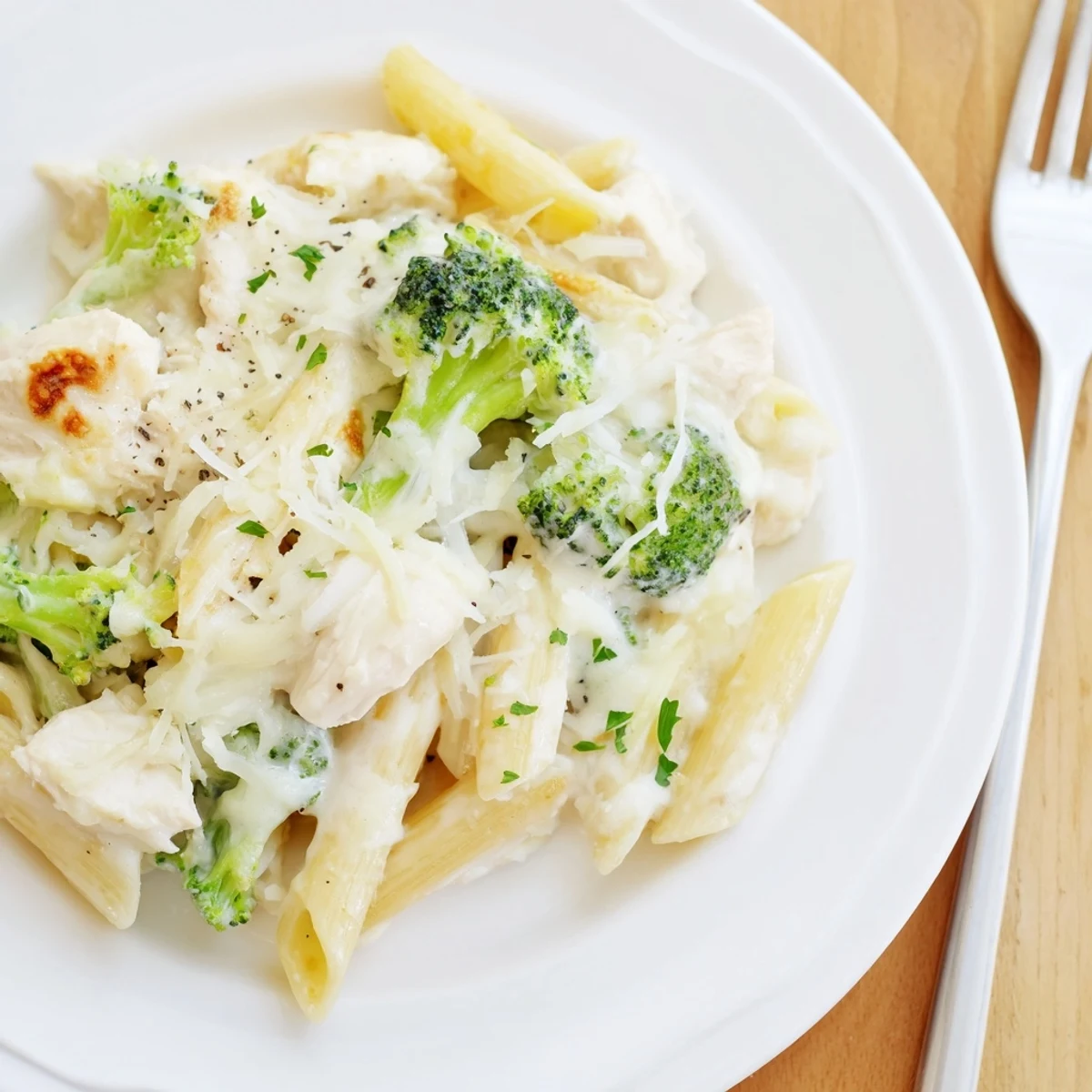 Creamy Chicken Broccoli Alfredo Bake, golden melted cheese and steaming pasta
