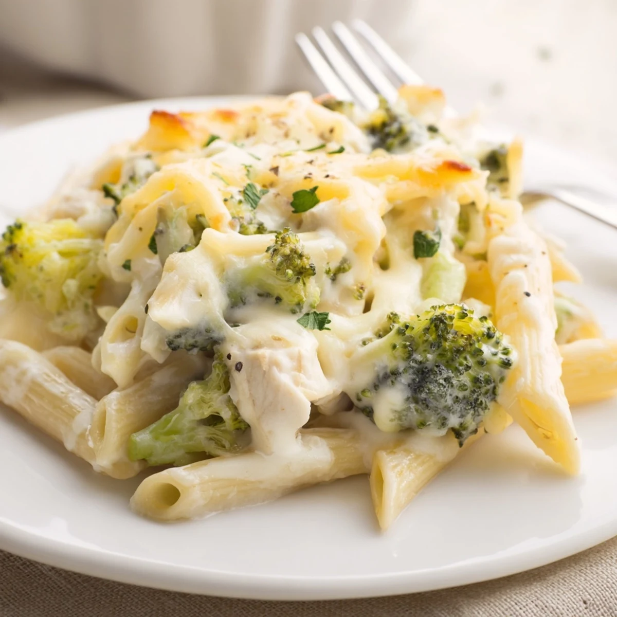 Baked Chicken Broccoli Alfredo Bake in a casserole dish, bubbly and browned