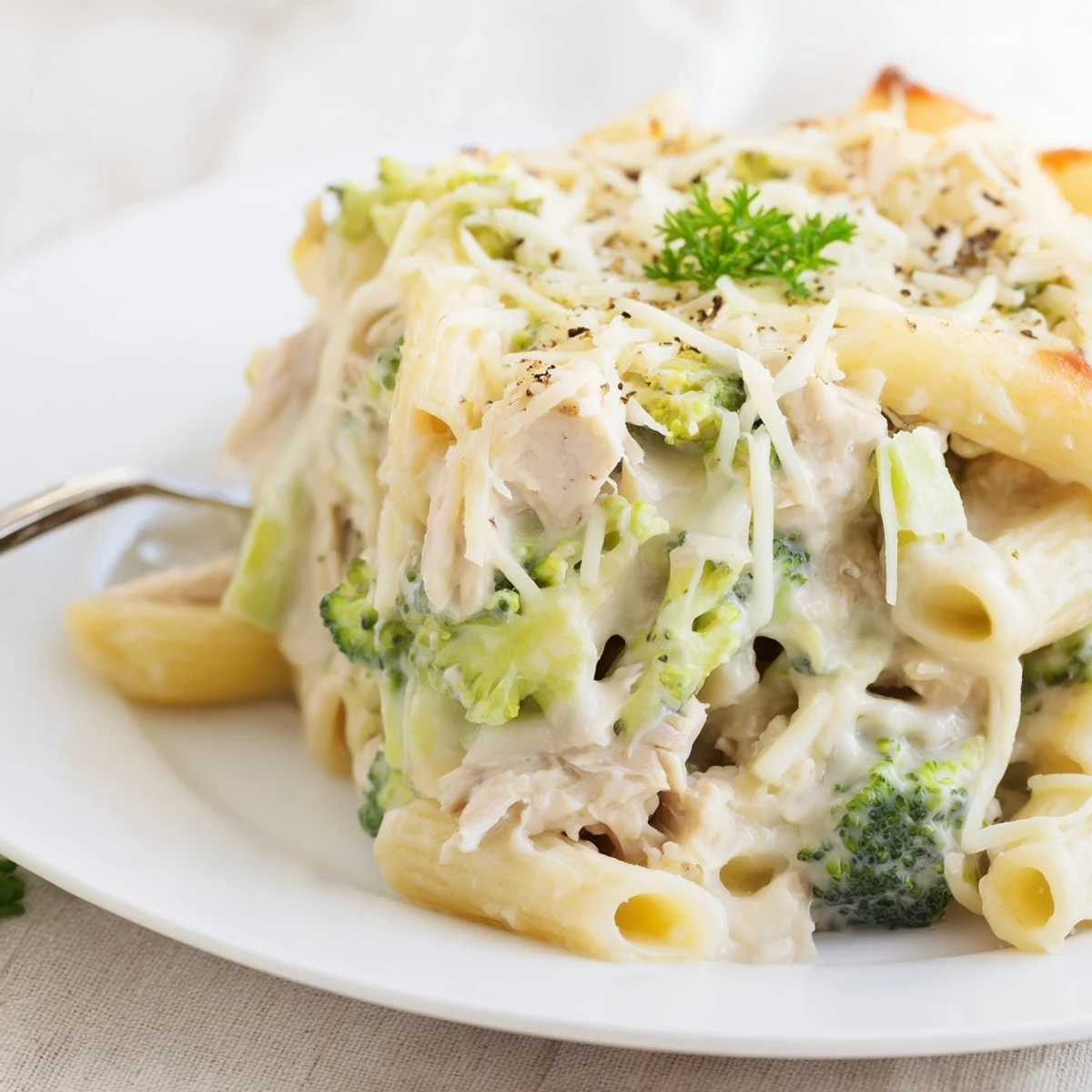 Hearty Chicken Broccoli Alfredo Bake served warm with garlic bread and parsley