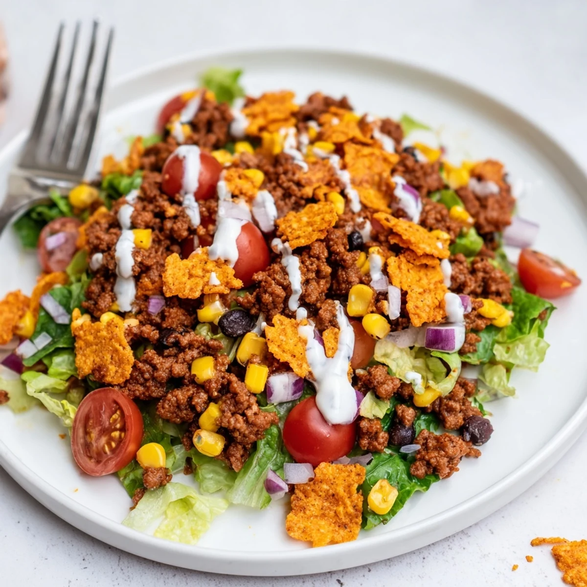 Simple Doritos Taco Salad with crunchy chips, warm seasoned beef, fresh veggies