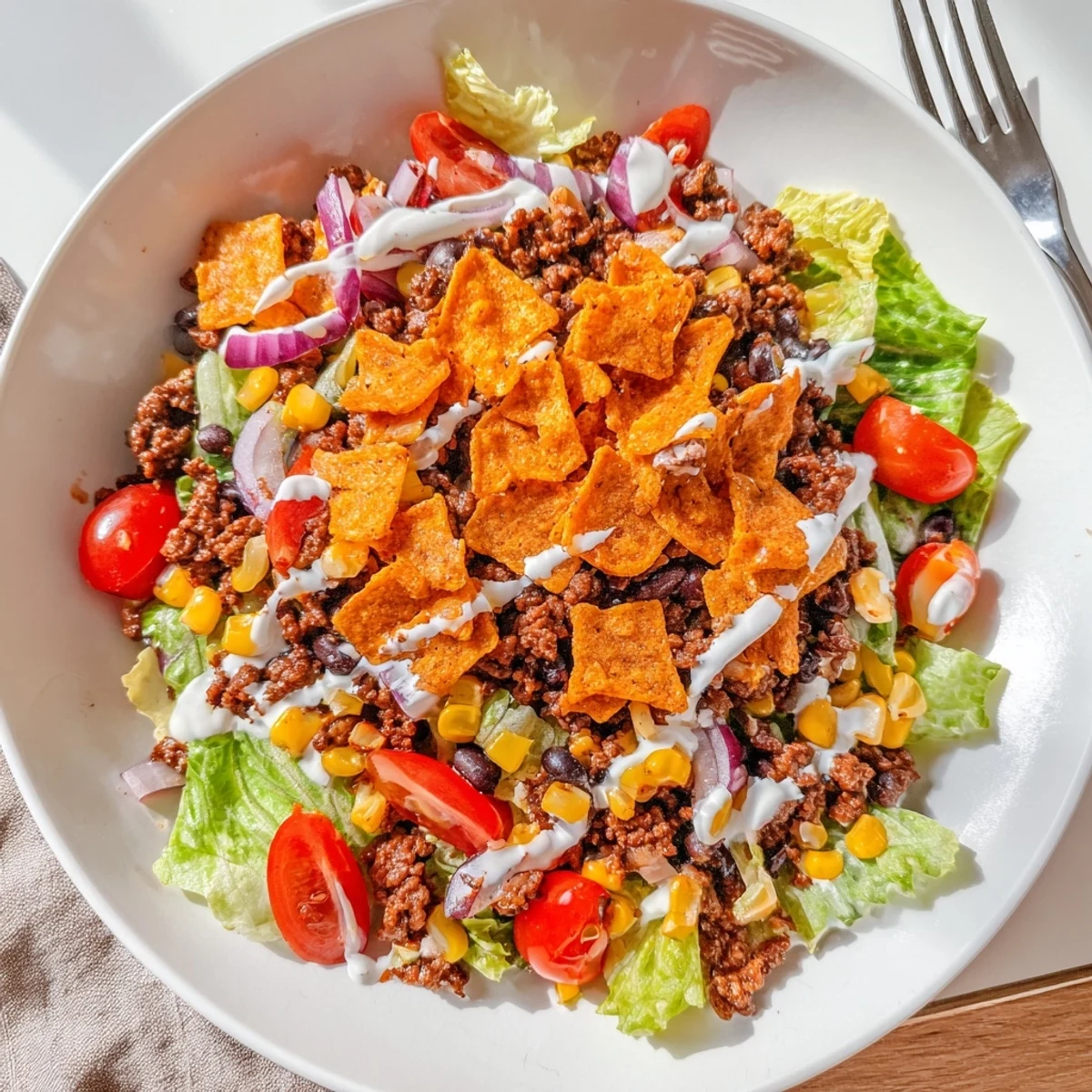 Family-style Simple Doritos Taco Salad served immediately to keep chips delightfully crunchy