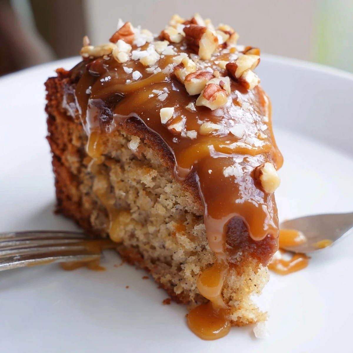 Moist Salted Caramel Brown Butter Banana Cake slice drizzled with glossy caramel