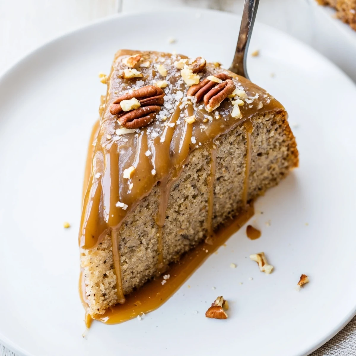Whole Salted Caramel Brown Butter Banana Cake on cooling rack, sprinkled sea salt