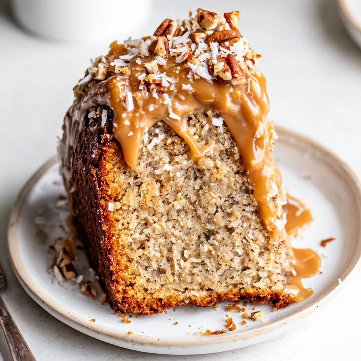 Close-up of Salted Caramel Brown Butter Banana Cake with toasted pecans, gooey caramel
