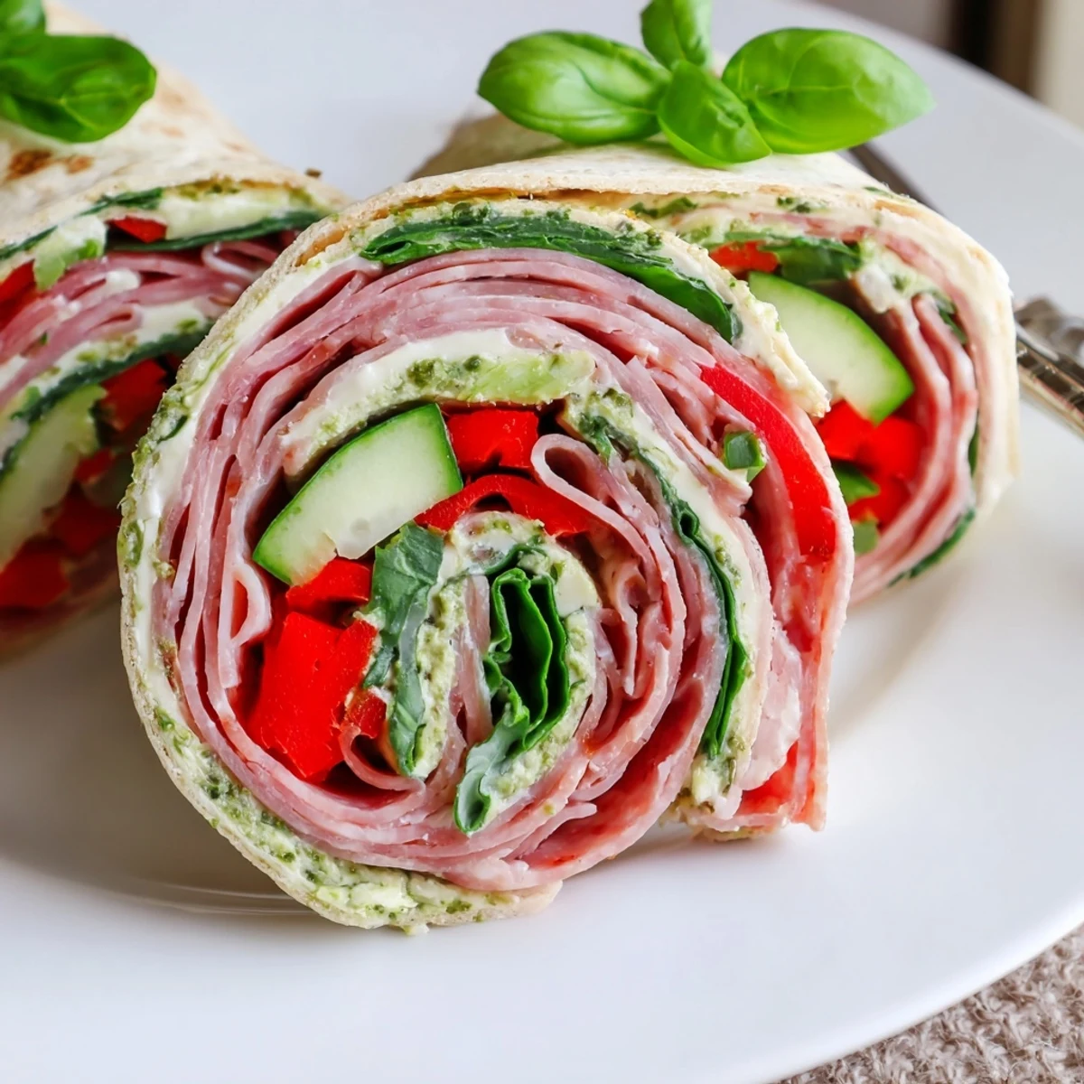 Close-up of Italian Pinwheel Sandwiches showing creamy pesto, salami, and crunchy cucumber  