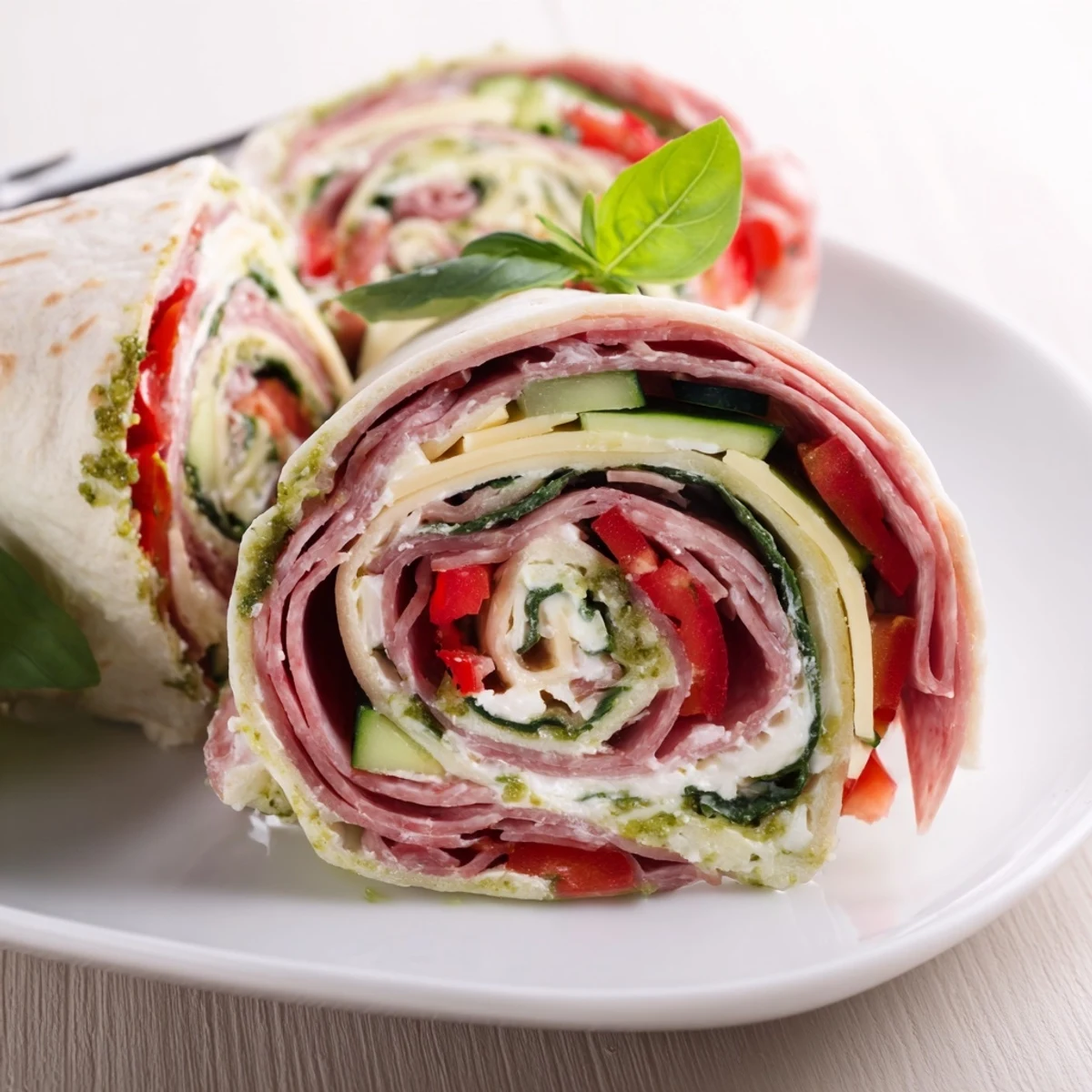 Italian Pinwheel Sandwiches arranged on platter, colorful fillings and basil garnish  