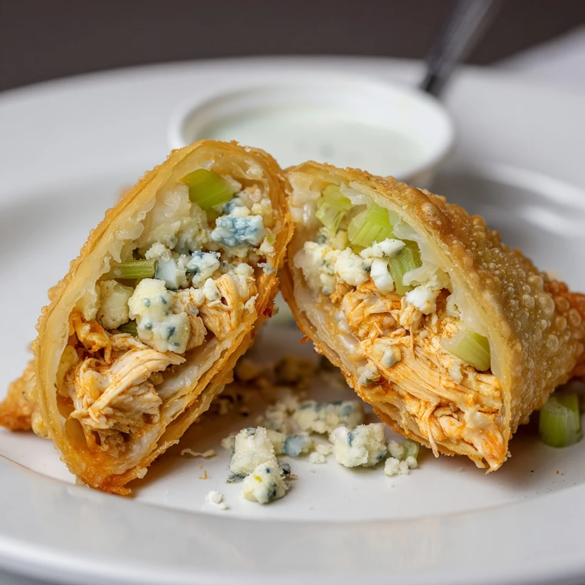 Plate of warm Buffalo Chicken Egg Rolls Recipe, crunchy fried shells, cooling on towels