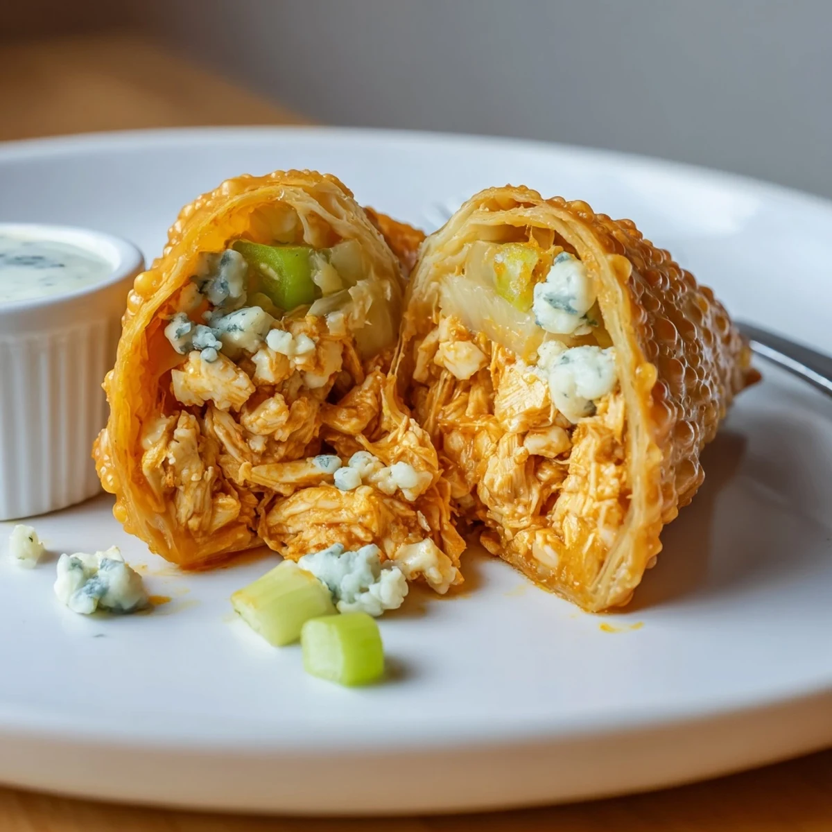 Close-up of spicy Buffalo Chicken Egg Rolls Recipe with blue cheese dip, celery bits