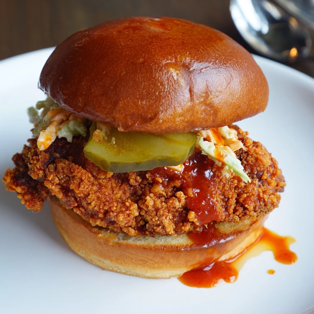 Spicy Nashville Hot Chicken Sandwiches with glossy cayenne glaze, brioche and crisp pickles