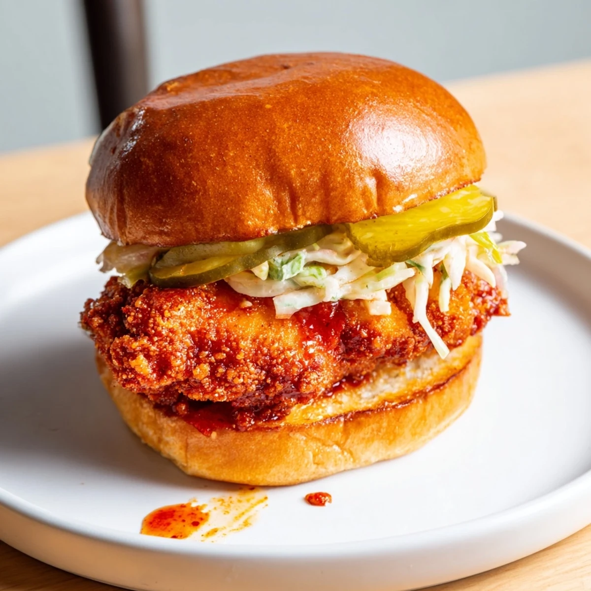Crispy Spicy Nashville Hot Chicken Sandwiches piled high with creamy slaw, steaming bun