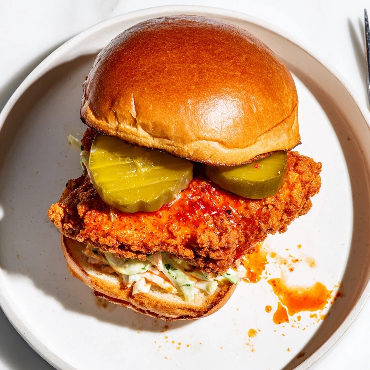 Homestyle Spicy Nashville Hot Chicken Sandwiches served hot beside sweet iced tea