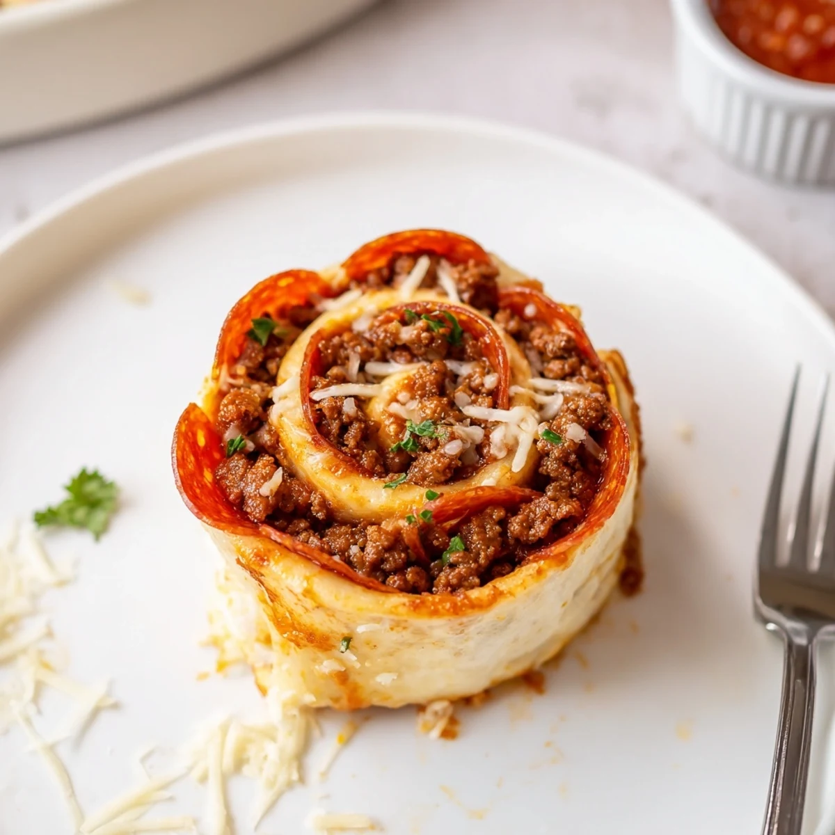 Hot Cheesy Beef Pepperoni Pizza Roll Ups with oozing cheese, served with marinara