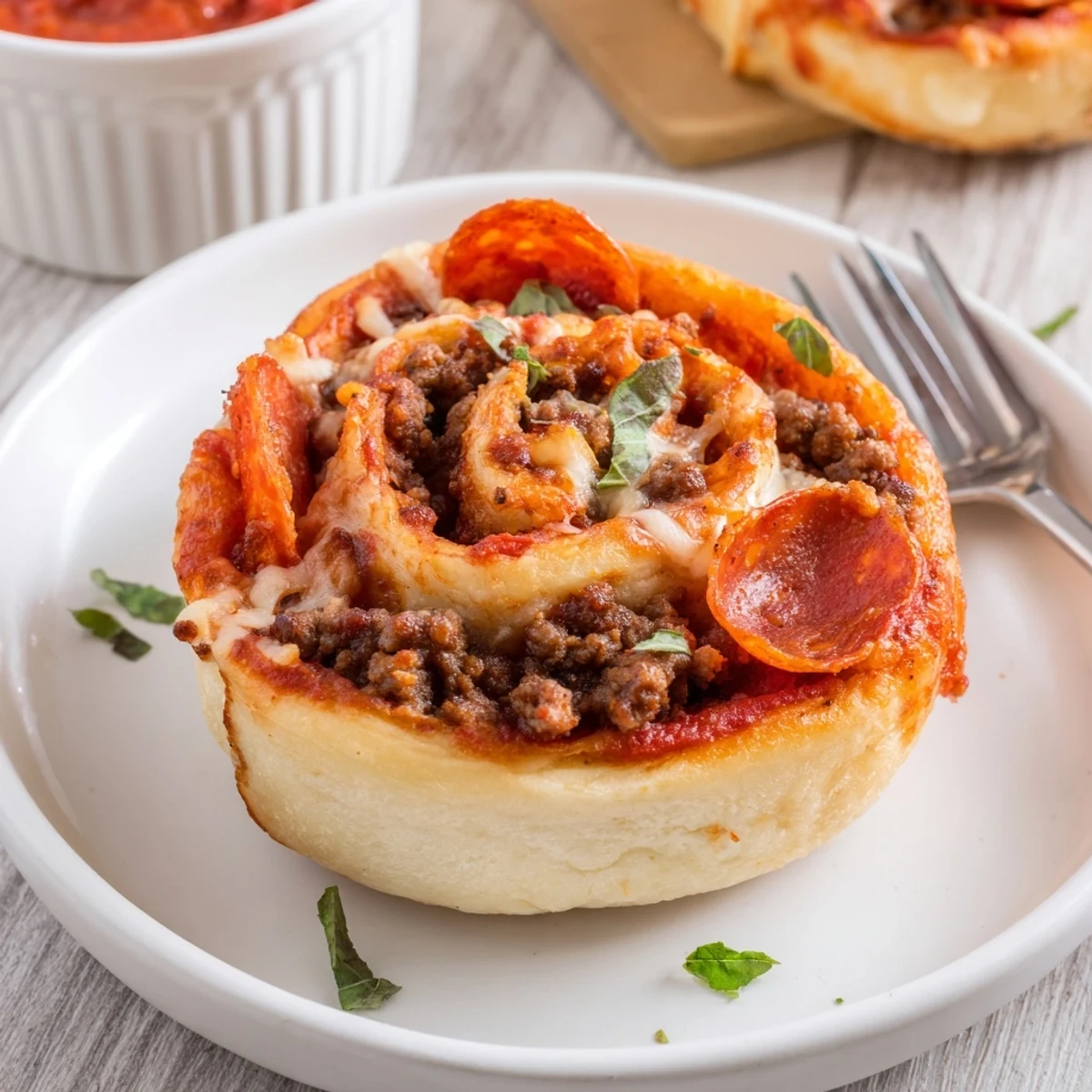 Baked Cheesy Beef Pepperoni Pizza Roll Ups on a sheet, garnished with basil