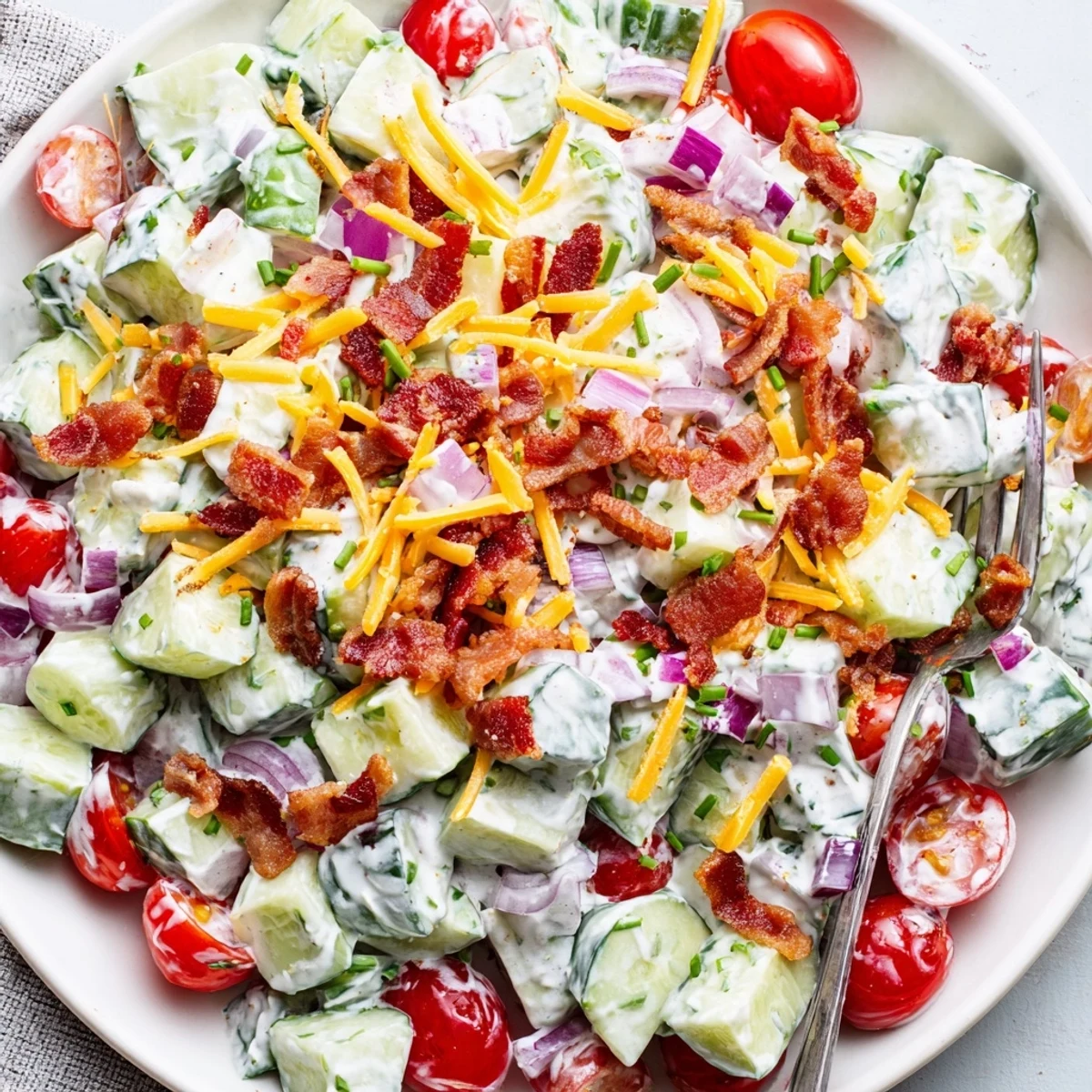 Cucumber Ranch Crack Salad piled in bowl, creamy ranch, crispy bacon crunch