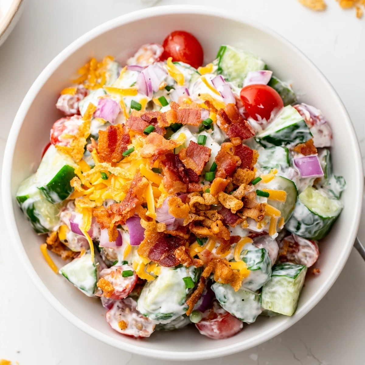 Chilled Cucumber Ranch Crack Salad with sharp cheddar and crunchy chip topping