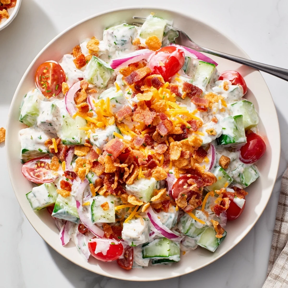 A picnic-ready Cucumber Ranch Crack Salad garnished with chives and bacon bits