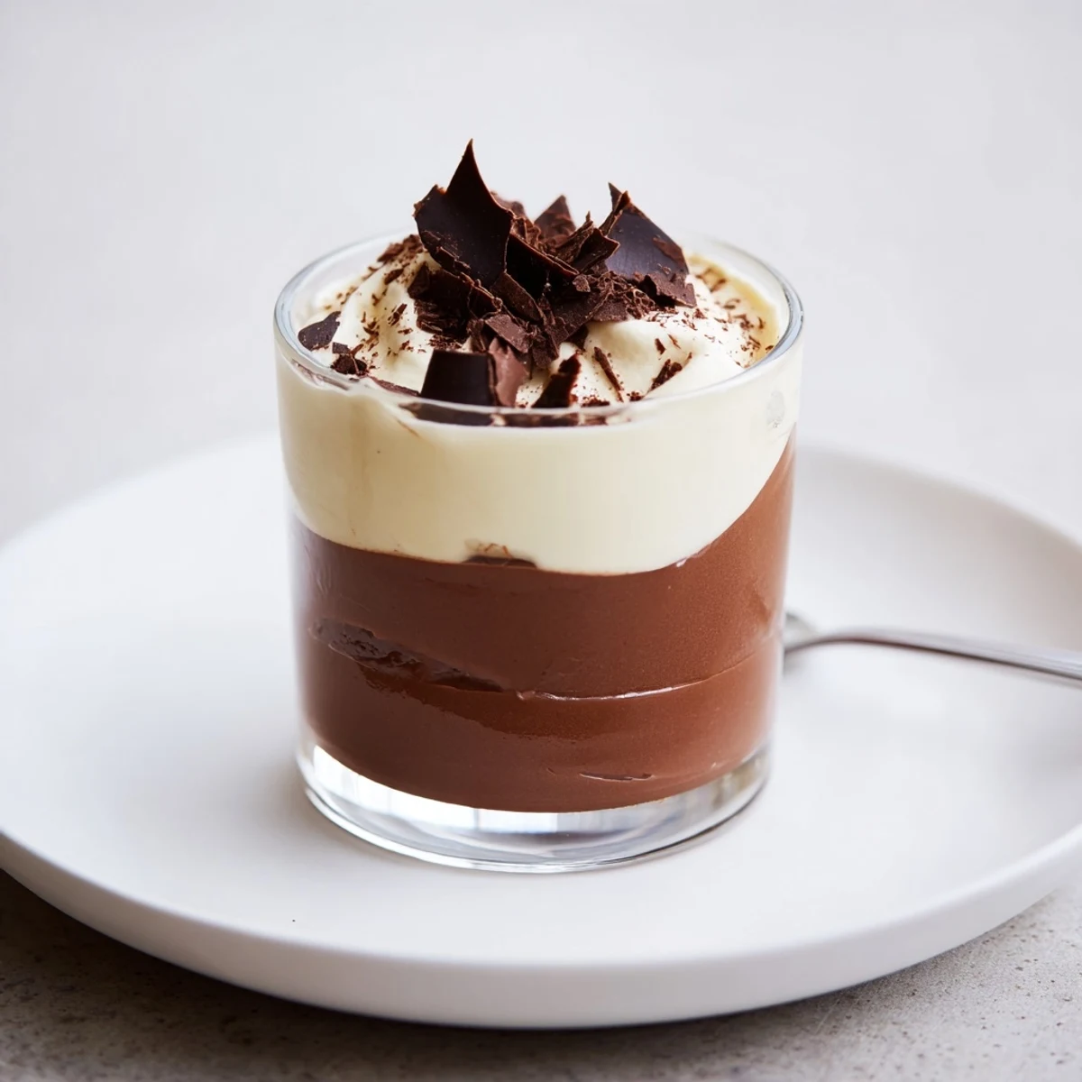 Individual Triple Chocolate Mousse Cups chilled, creamy layers topped with shaved chocolate.