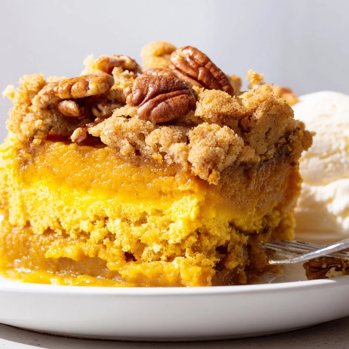 Homestyle Pumpkin Dump Cake fresh from oven, steam rising, pecan crunch  