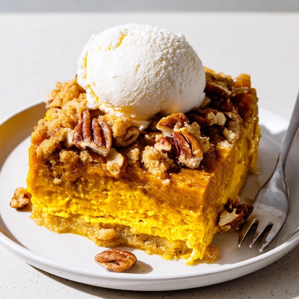 Sliced Pumpkin Dump Cake showing creamy spiced filling and crunchy buttery topping