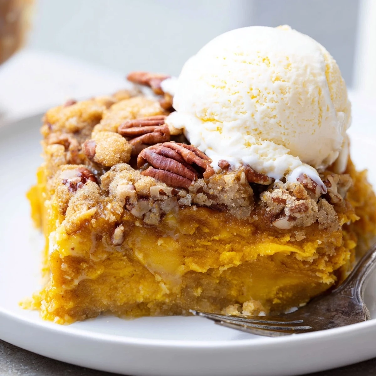 Warm Pumpkin Dump Cake served with melting vanilla ice cream and cinnamon  