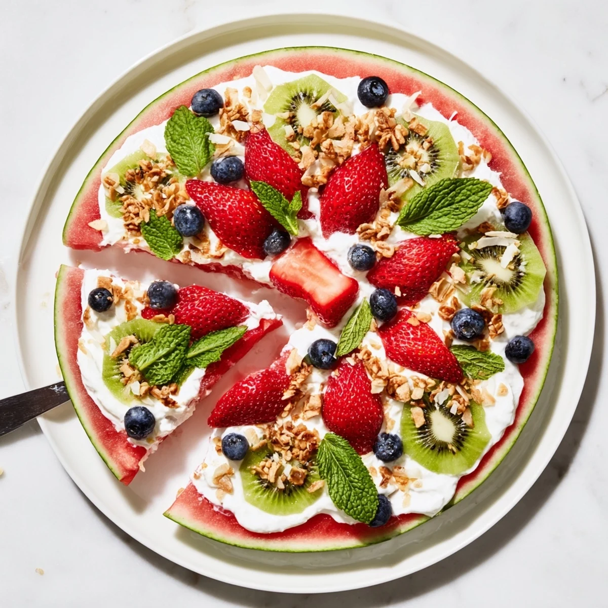 Watermelon pizza topped with creamy yogurt and colorful fresh berries on a round slice.