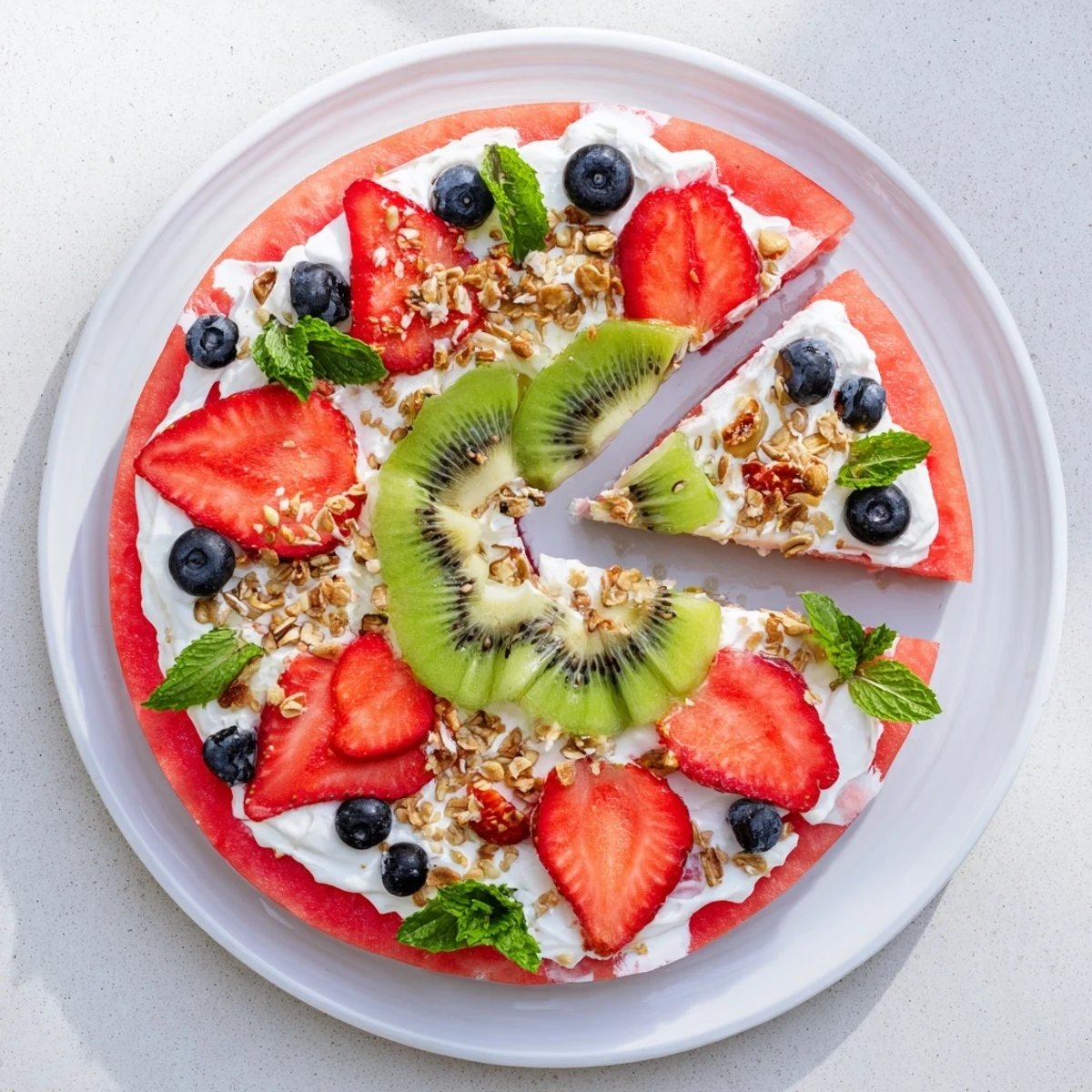 Vibrant watermelon pizza dessert featuring Greek yogurt spread and sliced summer fruits.