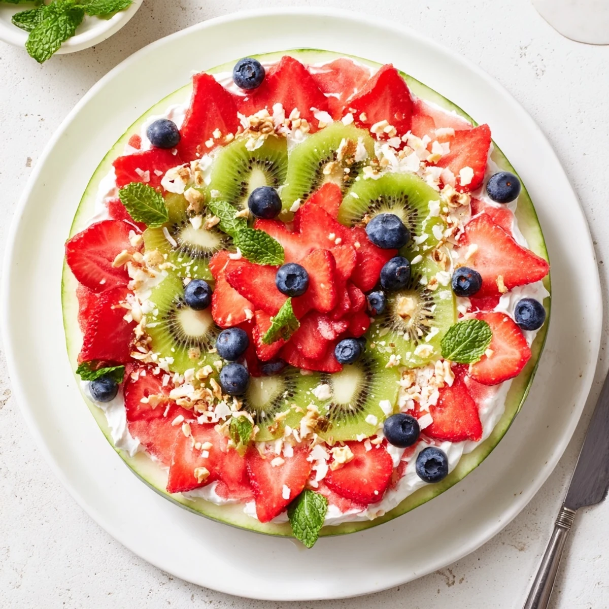 Fresh watermelon pizza with vanilla yogurt, strawberries, blueberries, and mint garnish.
