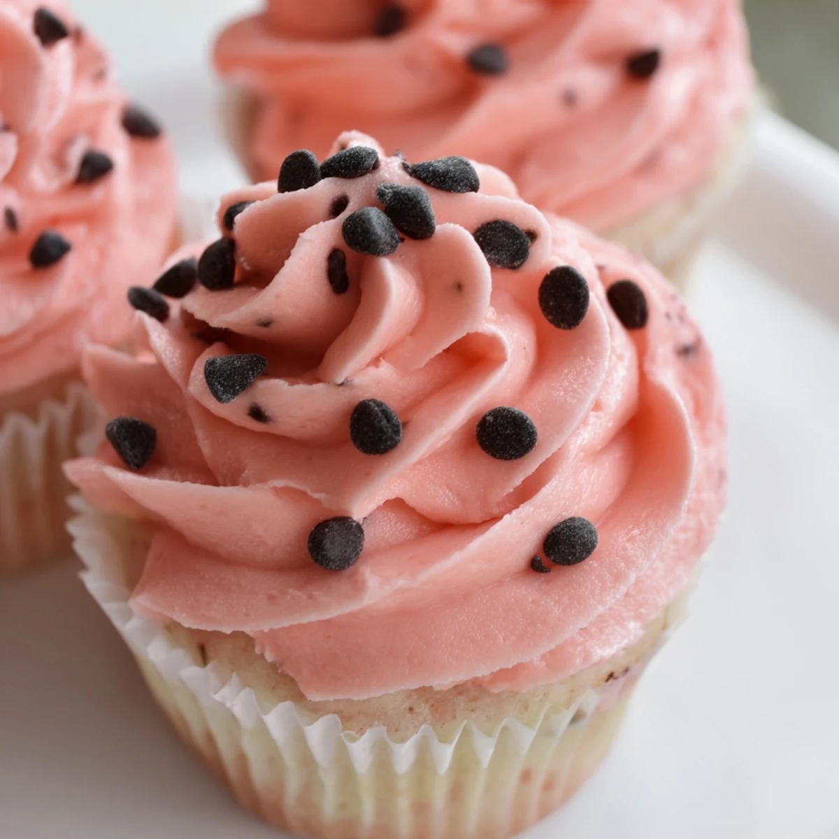 Moist vanilla watermelon cupcakes piped with rosy pink frosting and mini chocolate seed sprinkles