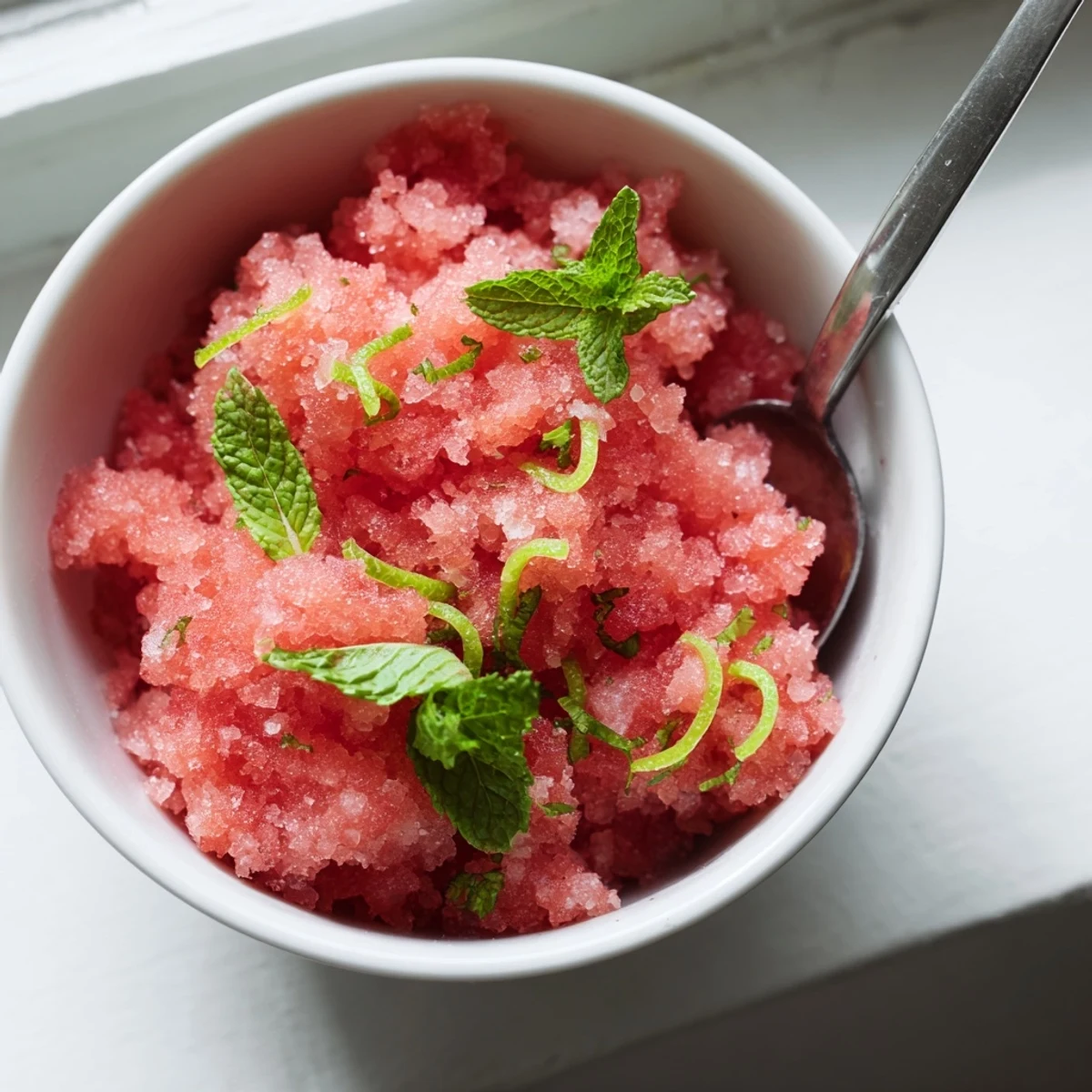 Raspberry pink watermelon granita with icy crystals scraped into light fluffy texture