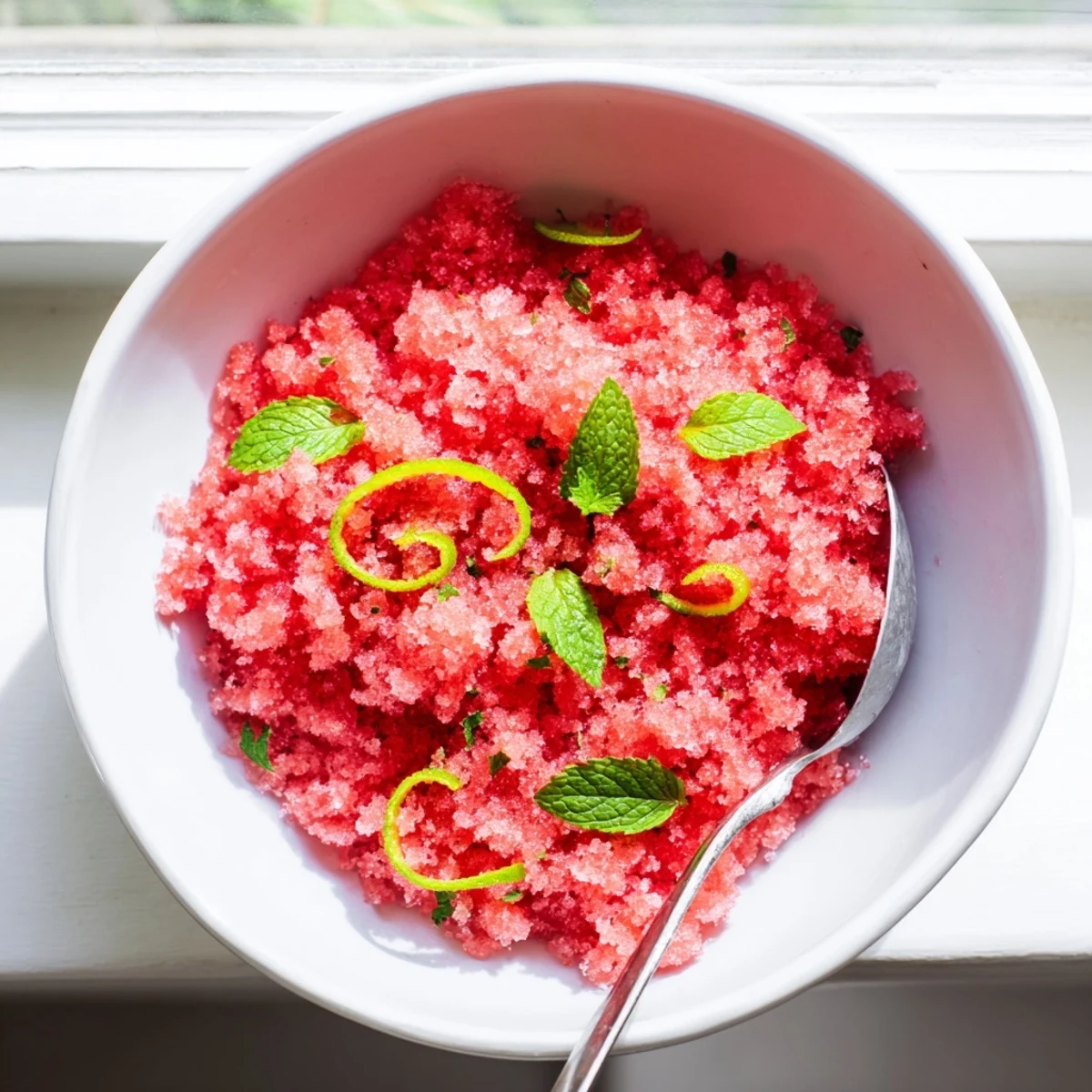 Fluffy watermelon granita served in chilled glass bowls with fresh mint garnish