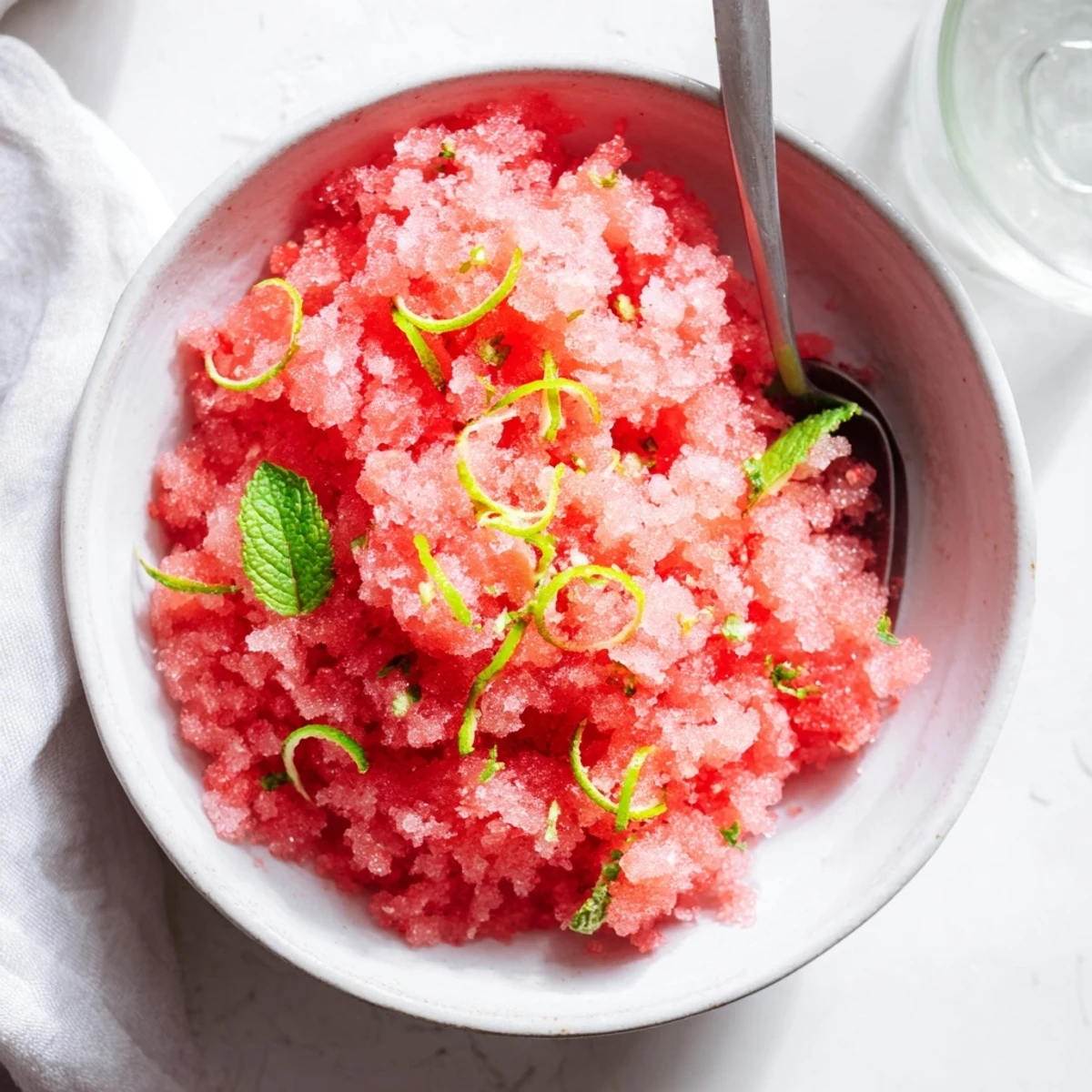Refreshing watermelon granita dessert in clear glasses with lime zest topping