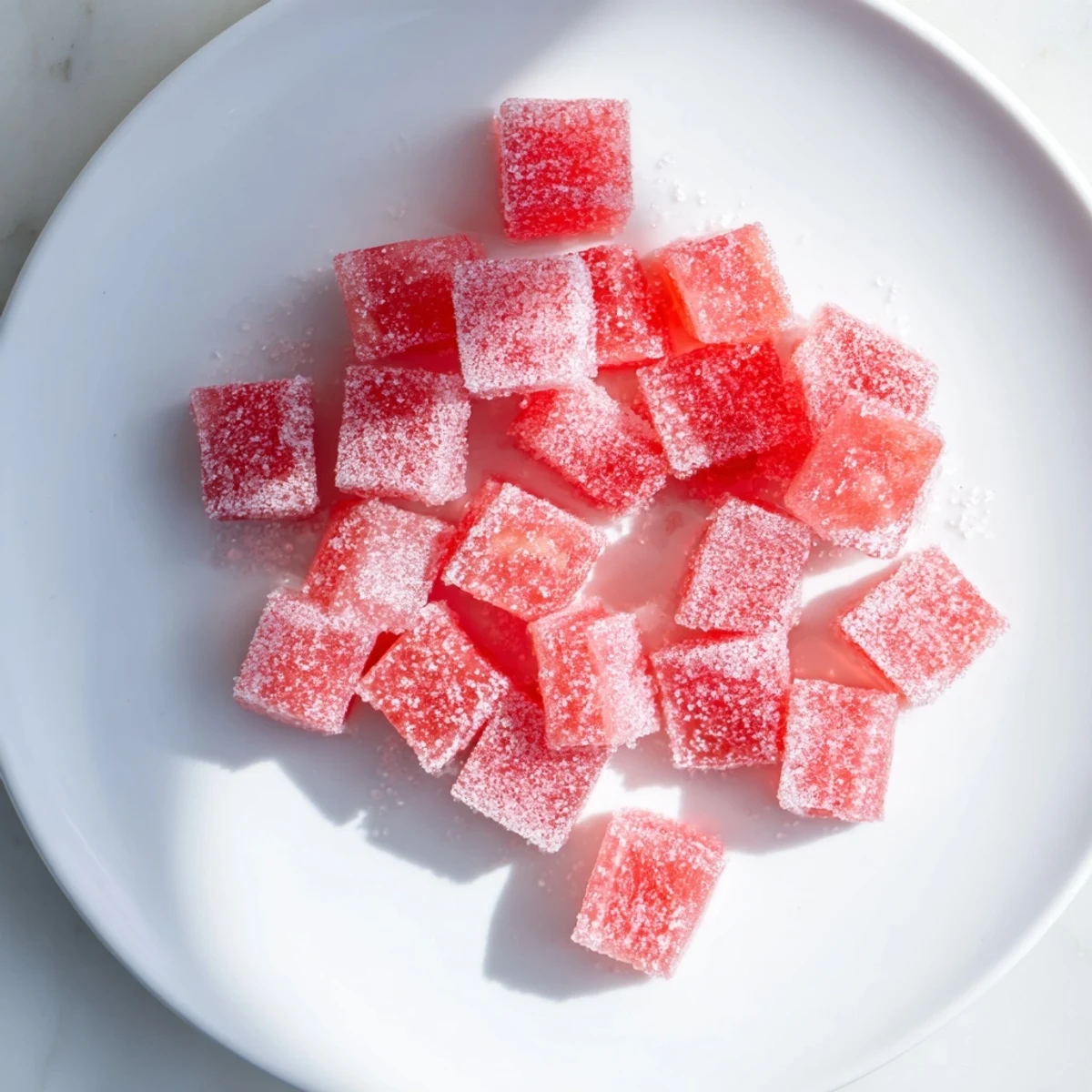 Chewy pink watermelon candy squares dusted with sour sugar for tart contrast