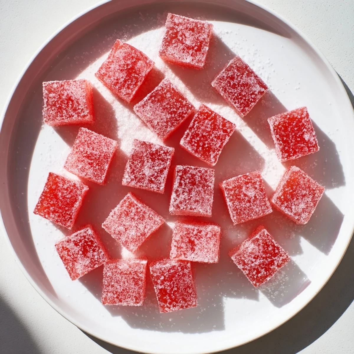 Homemade sour watermelon fruit chews coated in tangy sugar citric acid mixture
