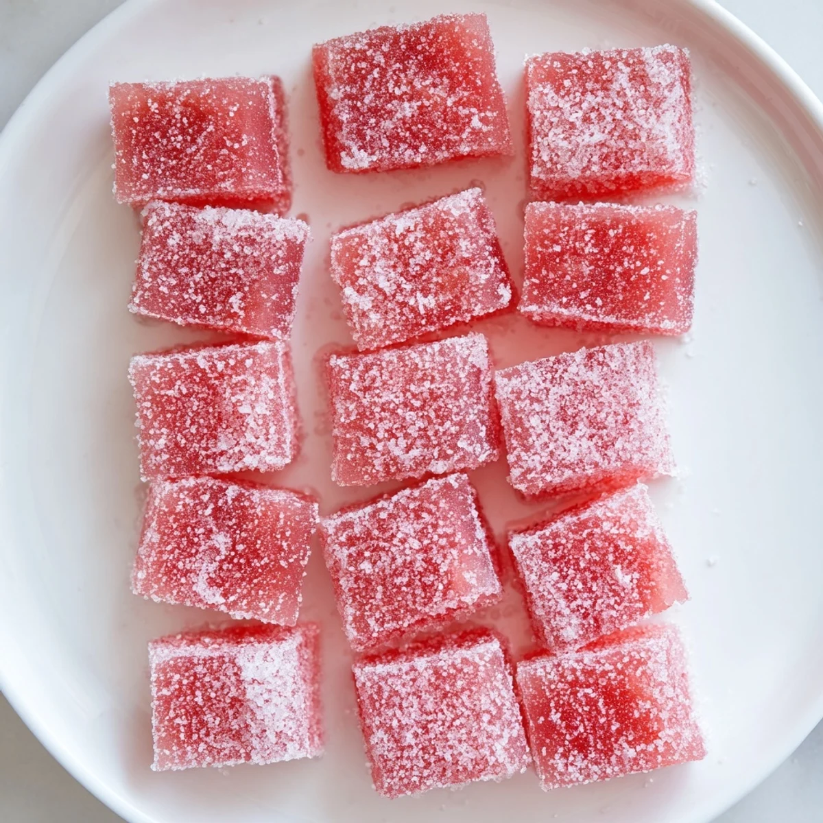Fresh watermelon fruit chews with glistening sour coating arranged on white plate