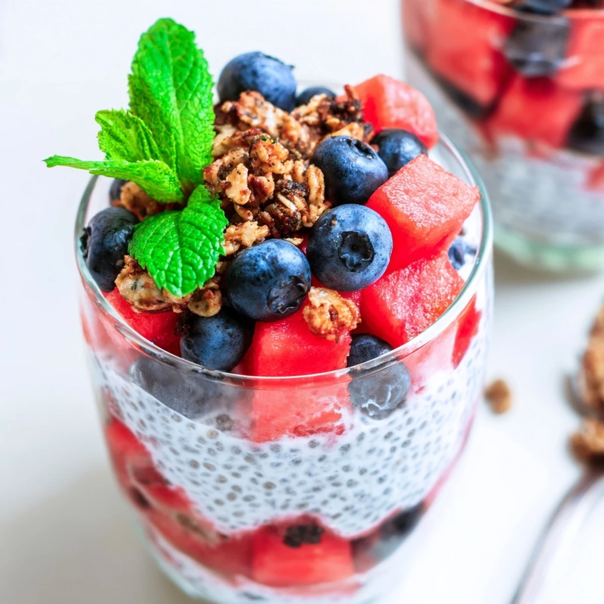 Glass jar of watermelon chia parfait layered with juicy red melon, creamy vanilla pudding, and fresh mint