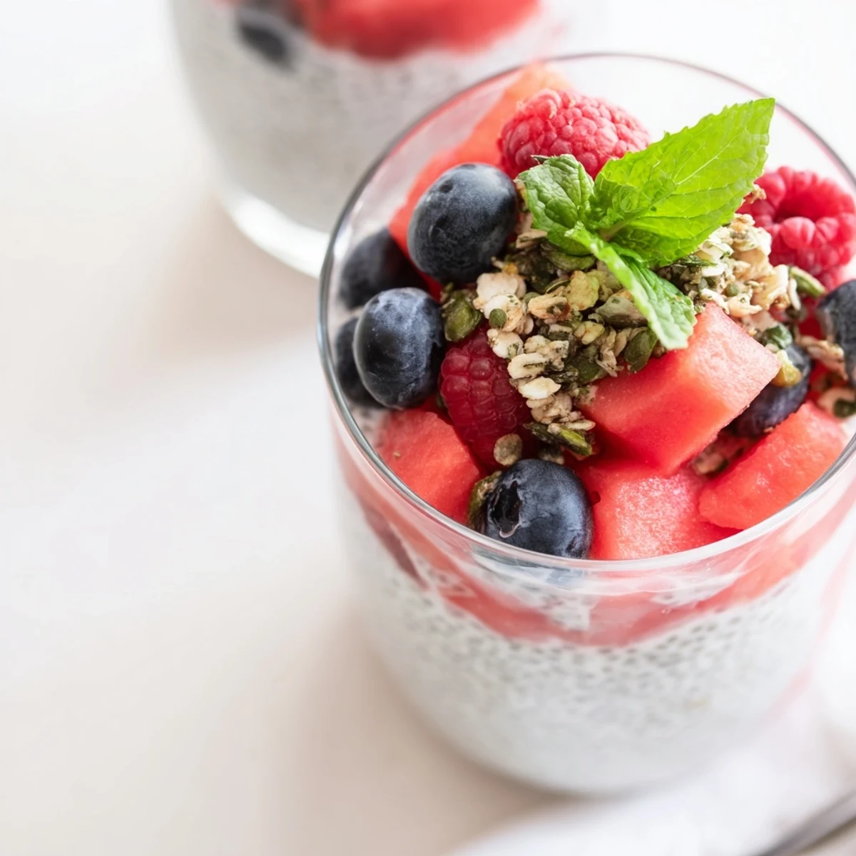 Vibrant watermelon chia parfait in clear glass topped with mixed berries and crunchy granola garnish