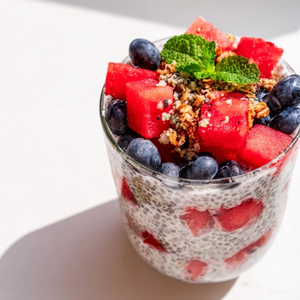 Refreshing watermelon chia parfait dessert showing layers of pink fruit, white chia pudding, and green mint