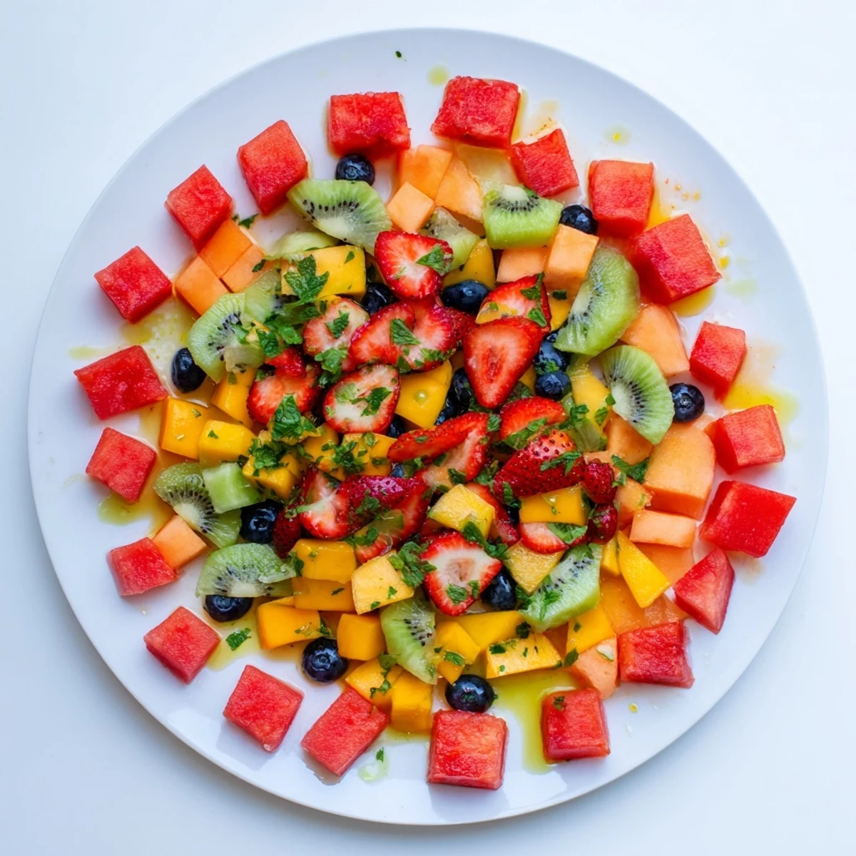 Colorful fruit salad bowl with fresh watermelon, mango, strawberries, and blueberries drizzled with citrus-mint syrup for summer
