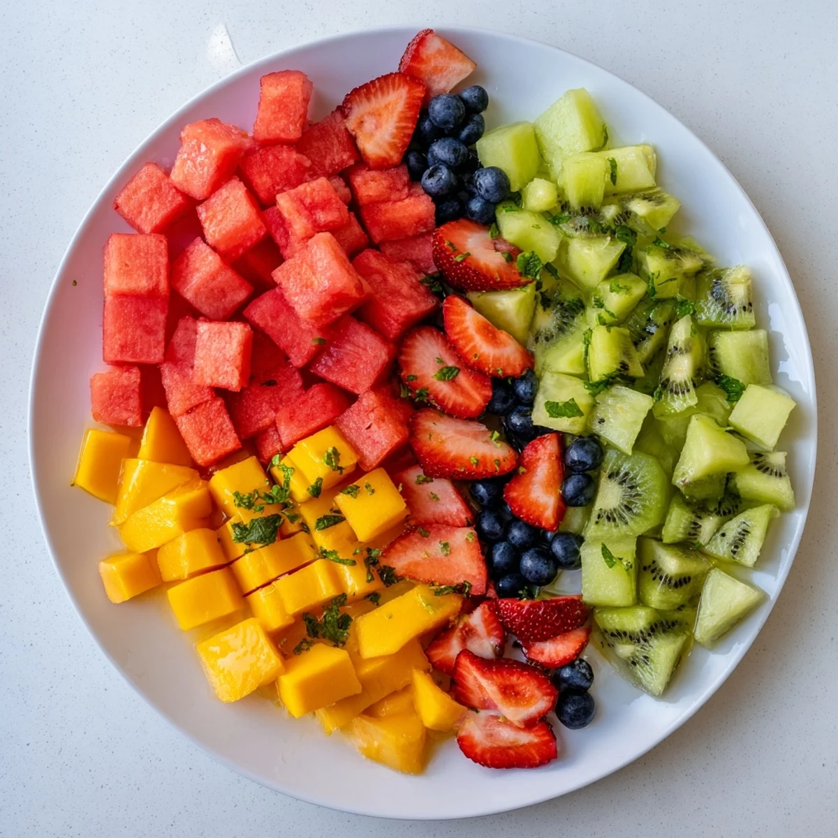Refreshing summer fruit salad glistening with honey lime dressing and topped with fresh mint in a glass serving bowl