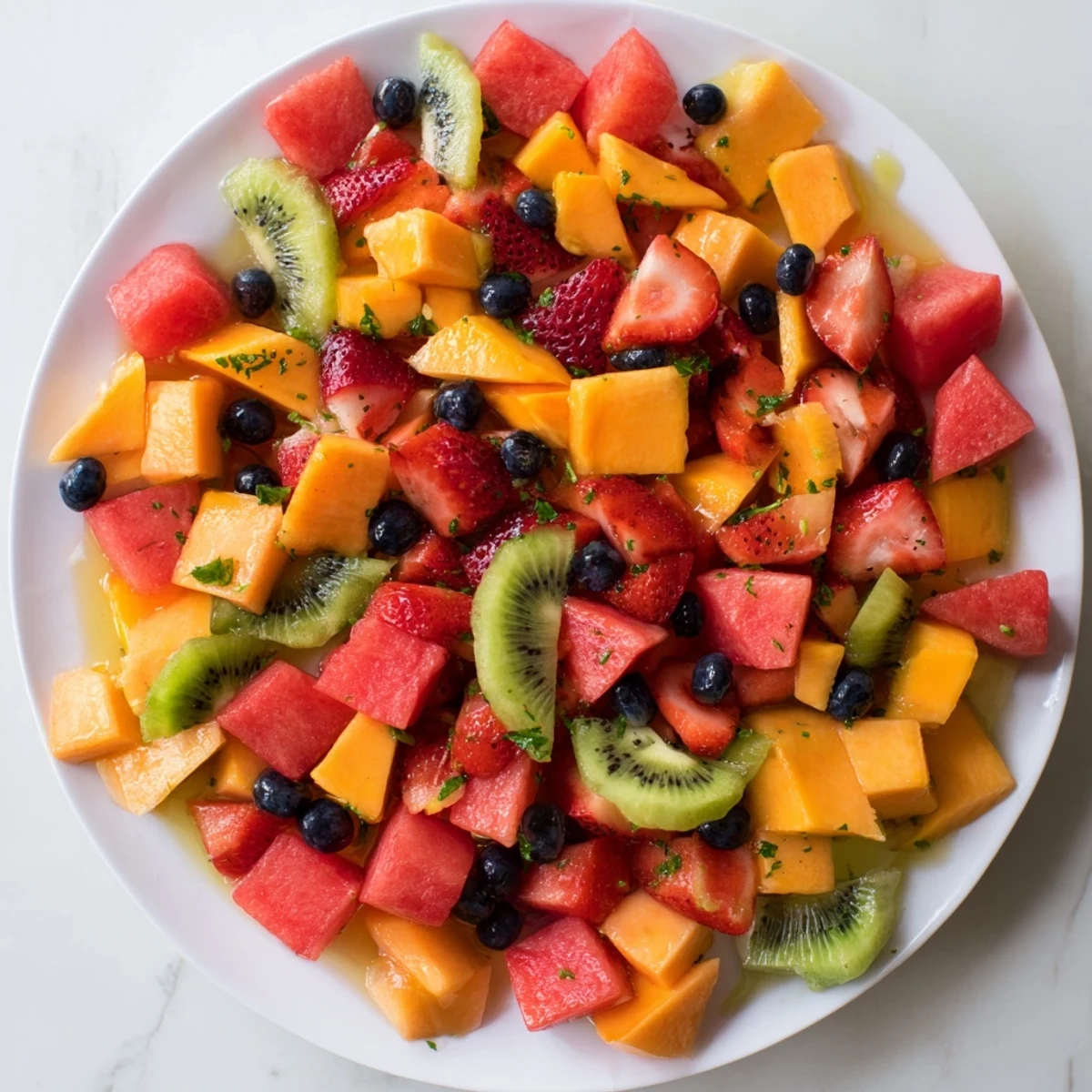 Juicy summer fruit medley featuring ripe seasonal produce lightly coated in orange and lime syrup for a cool dessert