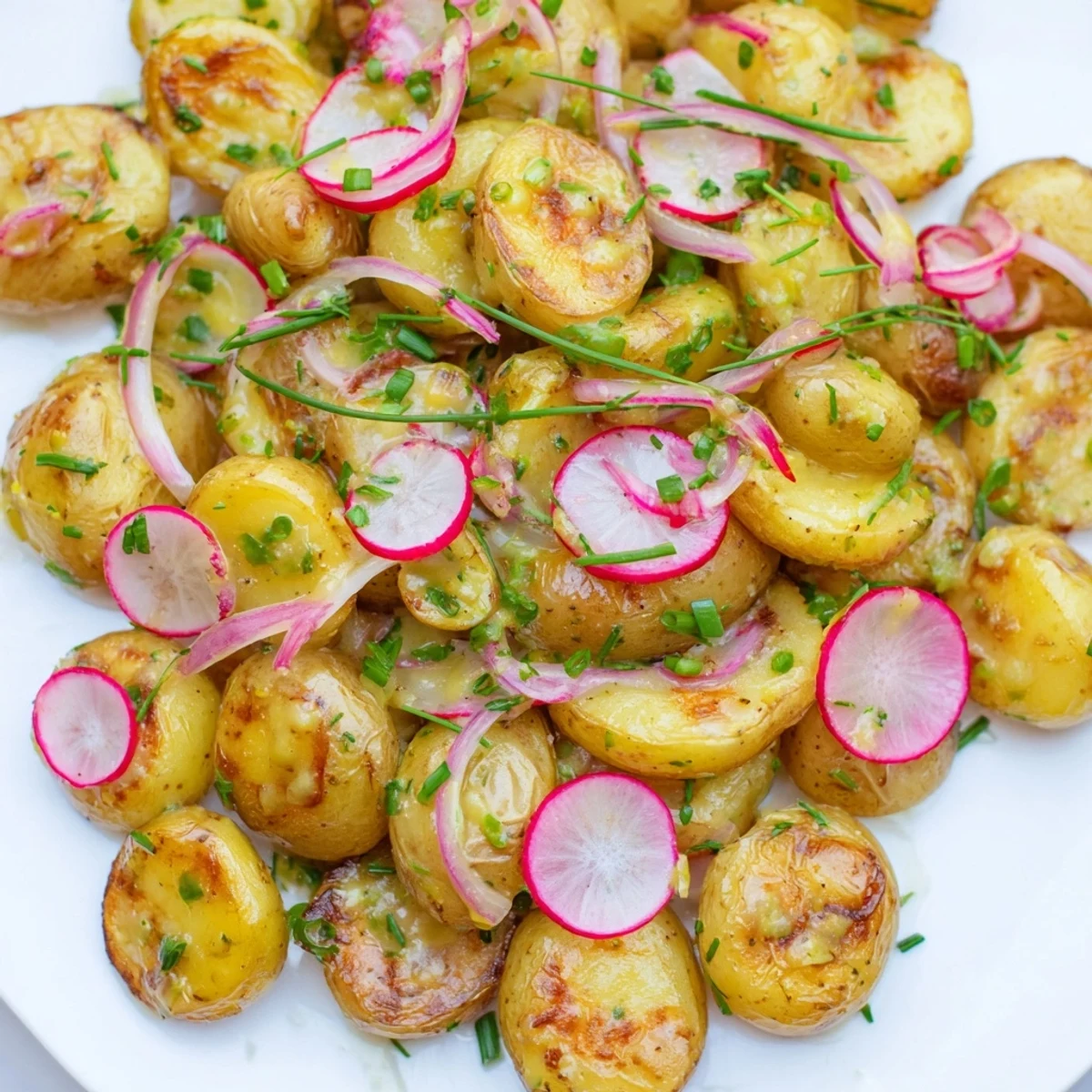 Golden roasted potato salad tossed with crisp vegetables and tangy mustard dressing in a white serving bowl