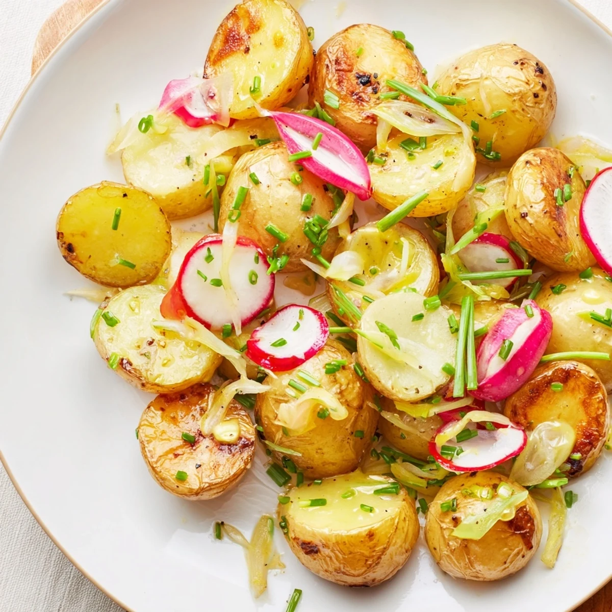 Warm roasted potato salad with crispy golden potatoes coated in zesty Dijon mustard dressing and chopped parsley