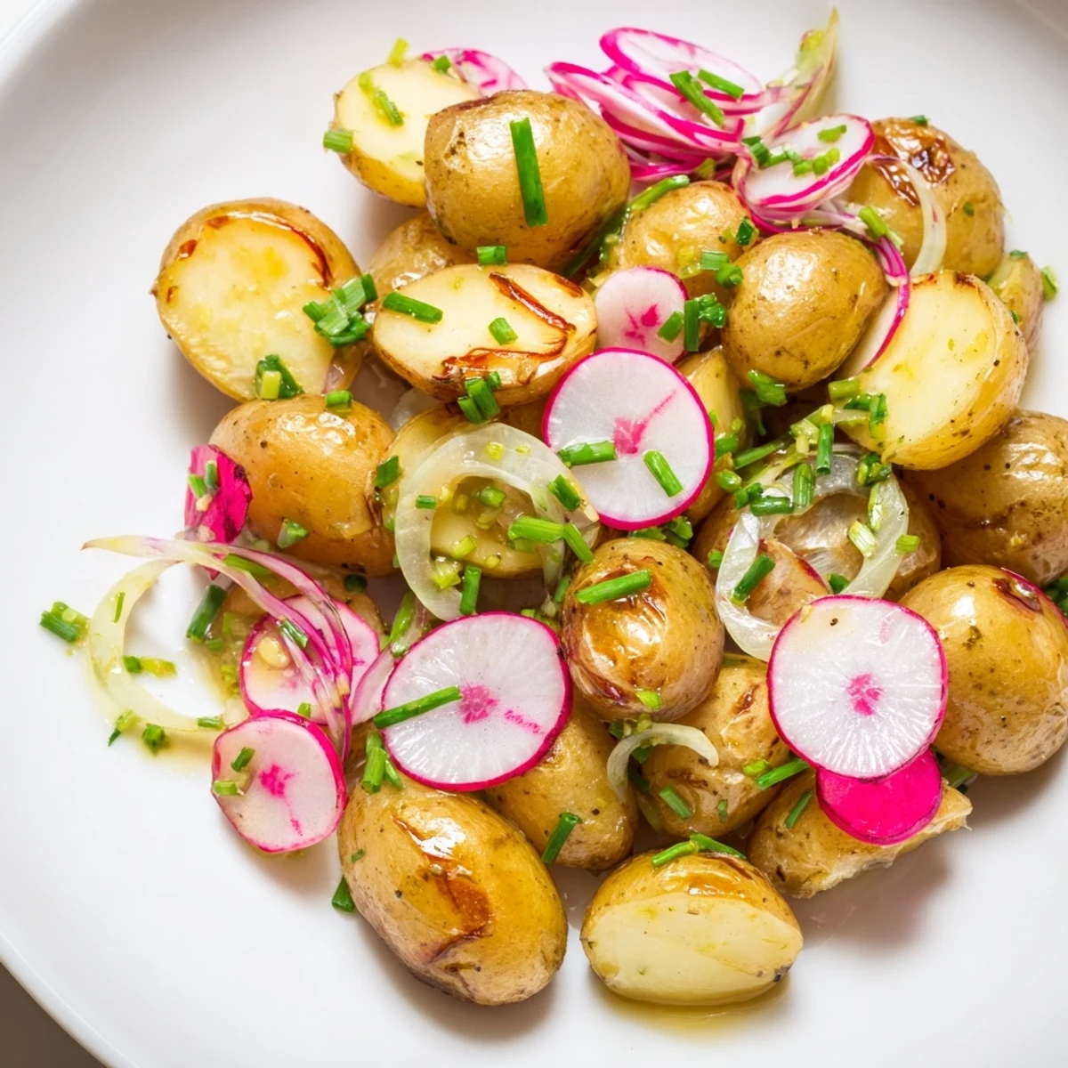 Colorful roasted potato salad featuring caramelized baby potatoes red onion celery radishes and fresh green herbs